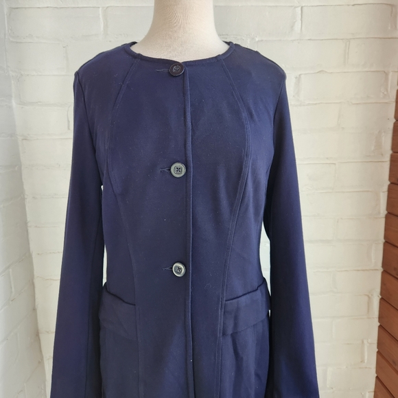 CAbi Lido Navy Blue Ponte Knit Front Button Long Blazer Jacket #5093 Size M - Picture 3 of 10